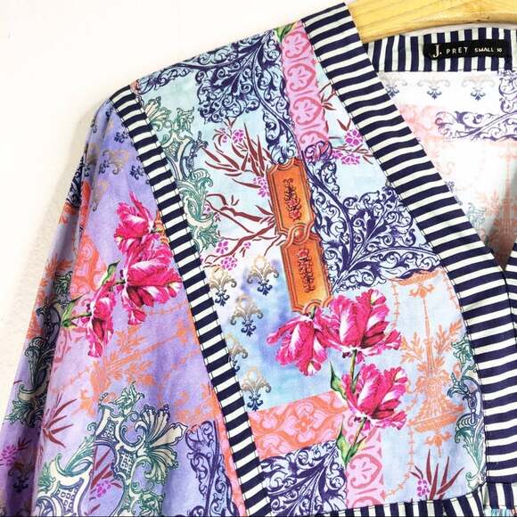 J Pret Boho Babydoll Blouse Tassels Women Small Mixed Media Floral Stripe V Neck - Picture 2 of 6